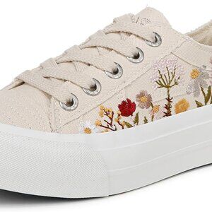 Women's Vegan Canvas Sneaker 7.5 Embroidered Lace-Up Platform Outsole